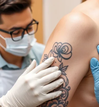 Un dermatologo quitandole un tatuaje a un hombre joven