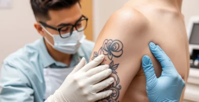 Un dermatologo quitandole un tatuaje a un hombre joven