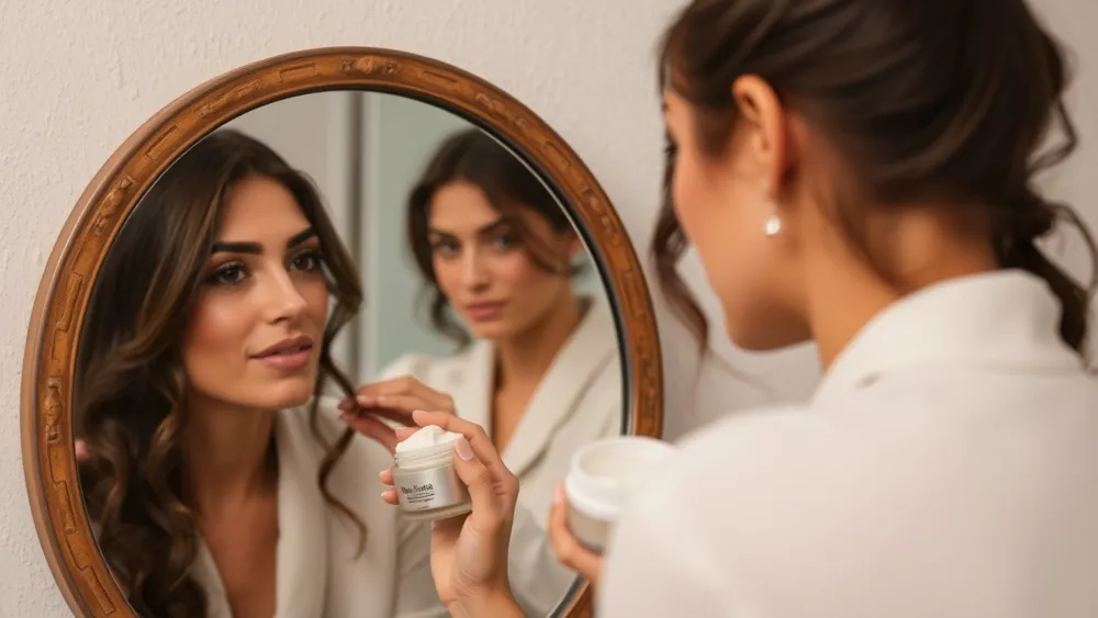 Una mujer frente al espejo poniendo una crema de contorno de ojos