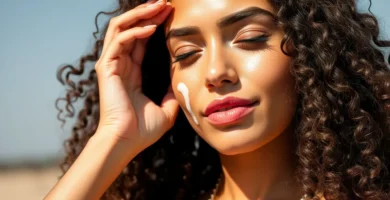 Una mujer poniendose crema protectora solar