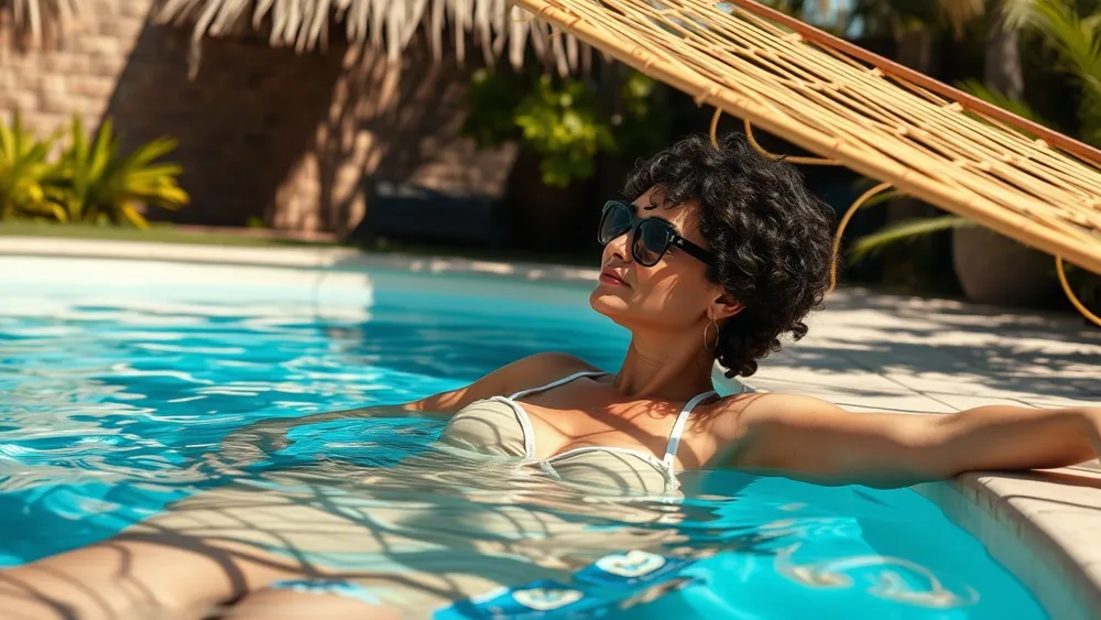 Una mujer tomando el sol en la hamaca de una piscina