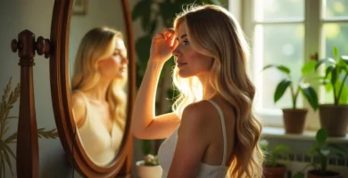 Una mujer europea peinandose el pelo frente a un espejo